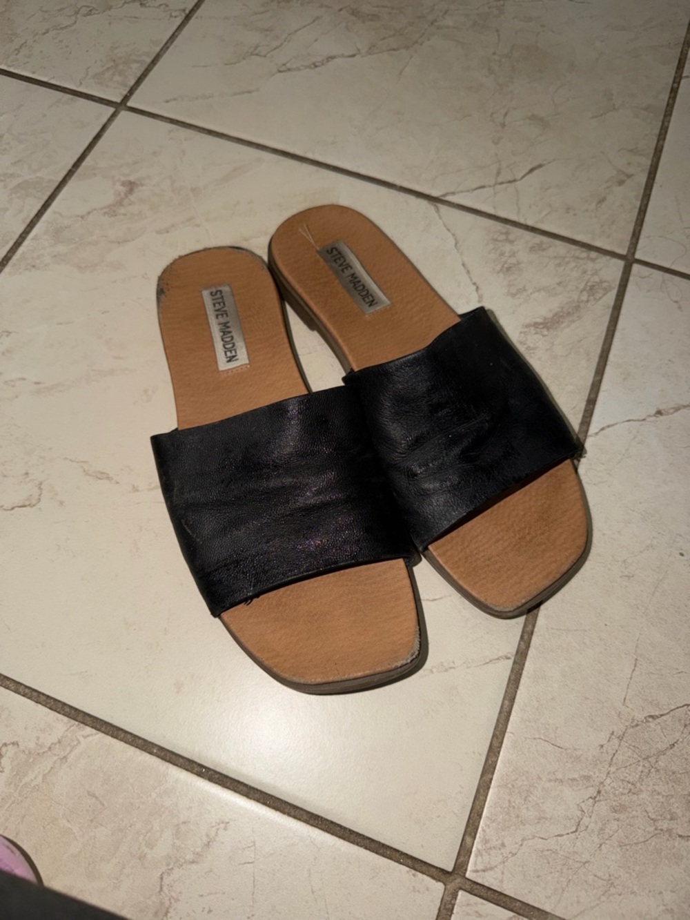 Steve Madden Black Slide Sandals with Tan Footbed